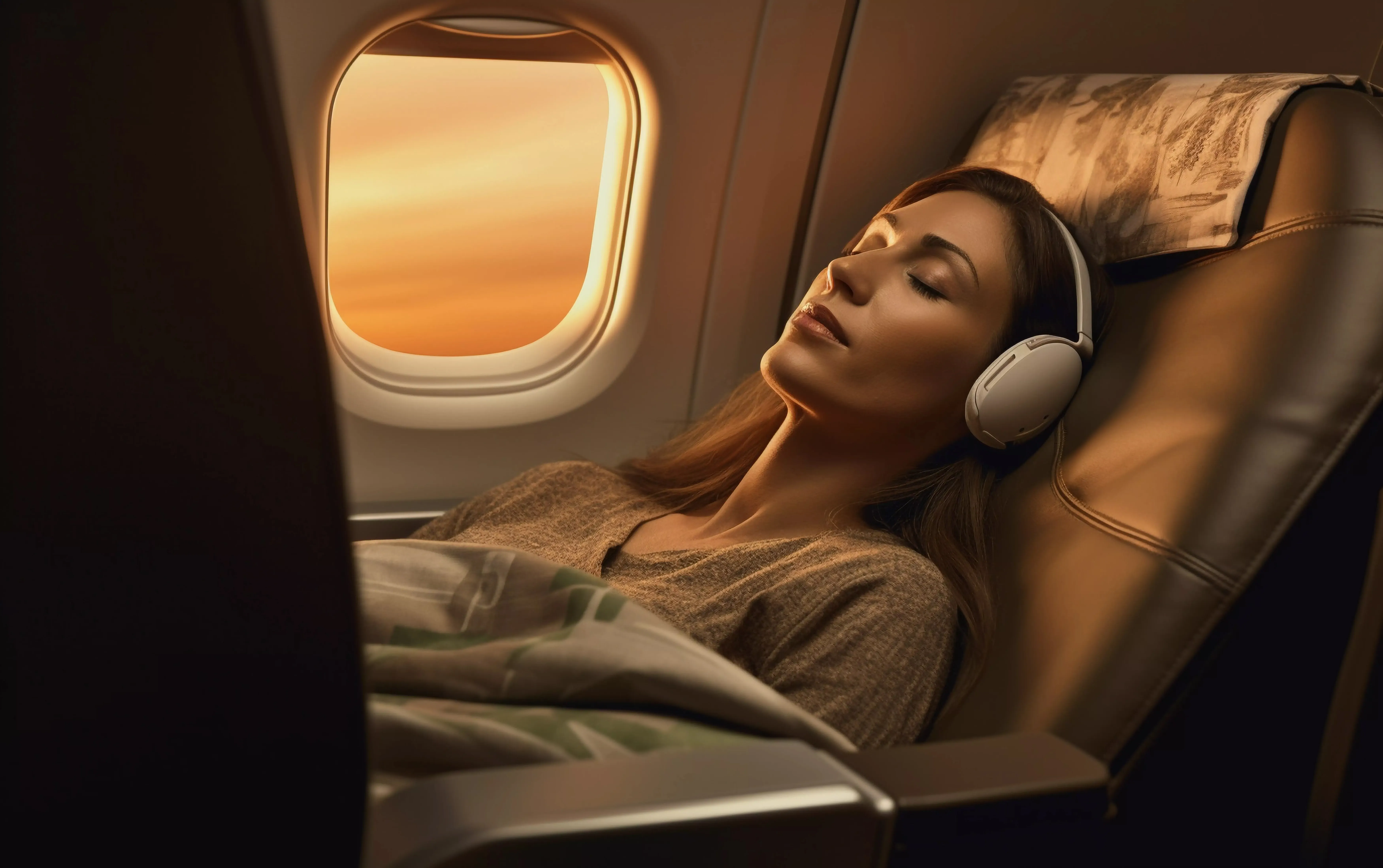 飛行機で寝ている女性